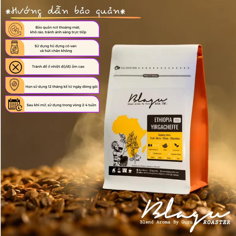BLAGU Coffee Roasted Beans Ethiopia Yirgacheffe - Light Medium Roast - 250G