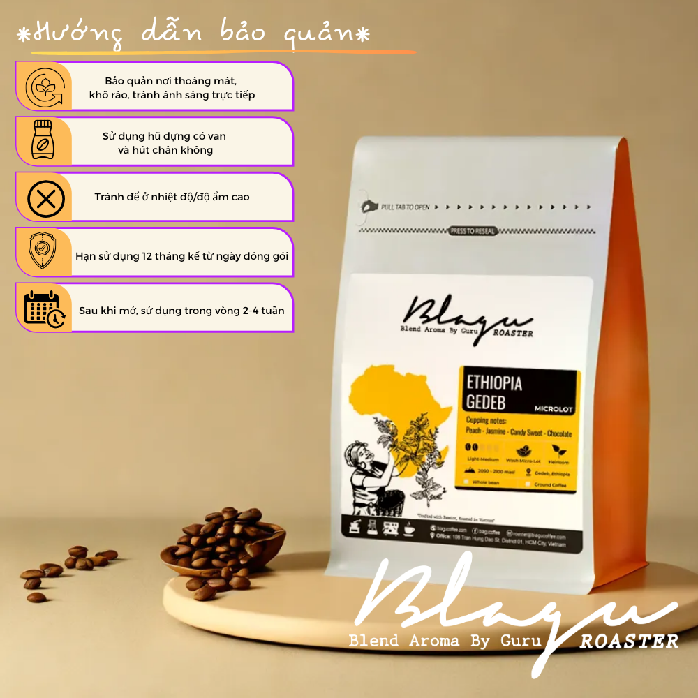 BLAGU Coffee Roasted Beans Ethiopia Gedeb – Light Medium Roast – 250g