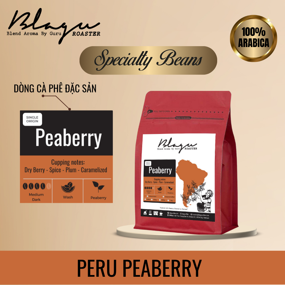 BLAGU Coffee Roasted Beans Peru Peaberry – Medium Dark Roast – 250g