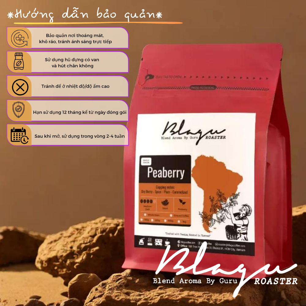 BLAGU Coffee Roasted Beans Peru Peaberry – Medium Dark Roast – 250g